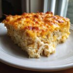 A generous slice of cheesy chicken and rice casserole with a golden, bubbly cheese topping.