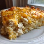 A close-up serving of cheesy chicken and rice casserole topped with melted cheddar cheese.