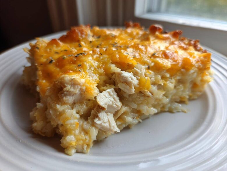 A close-up serving of cheesy chicken and rice casserole topped with melted cheddar cheese.