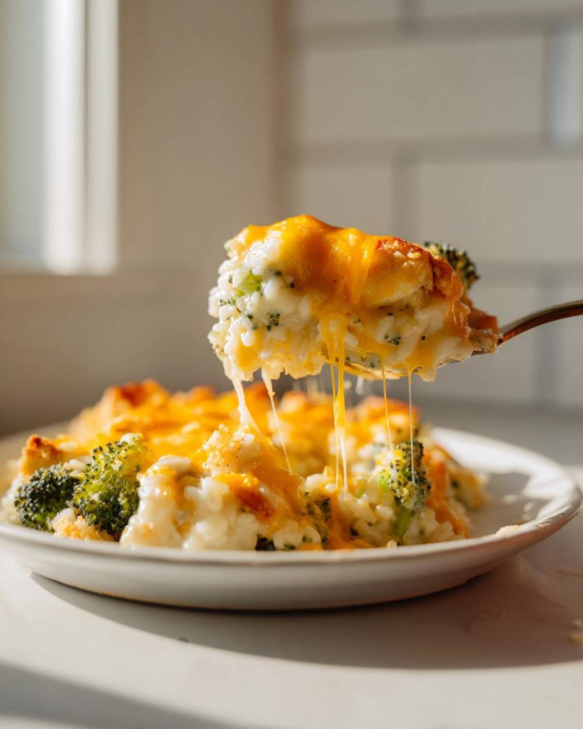 A spoonful of creamy chicken broccoli rice casserole lifted, showing long cheese pulls from the melted cheddar topping.