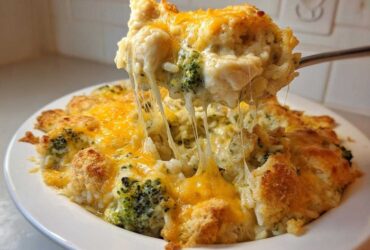 A spoonful of cheesy chicken broccoli rice casserole being lifted, showing long, melted cheese strings.