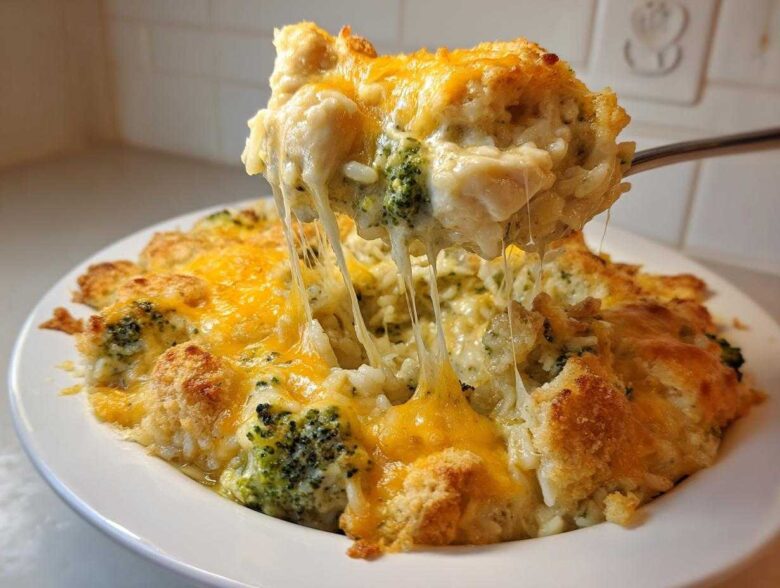 A spoonful of cheesy chicken broccoli rice casserole being lifted, showing long, melted cheese strings.