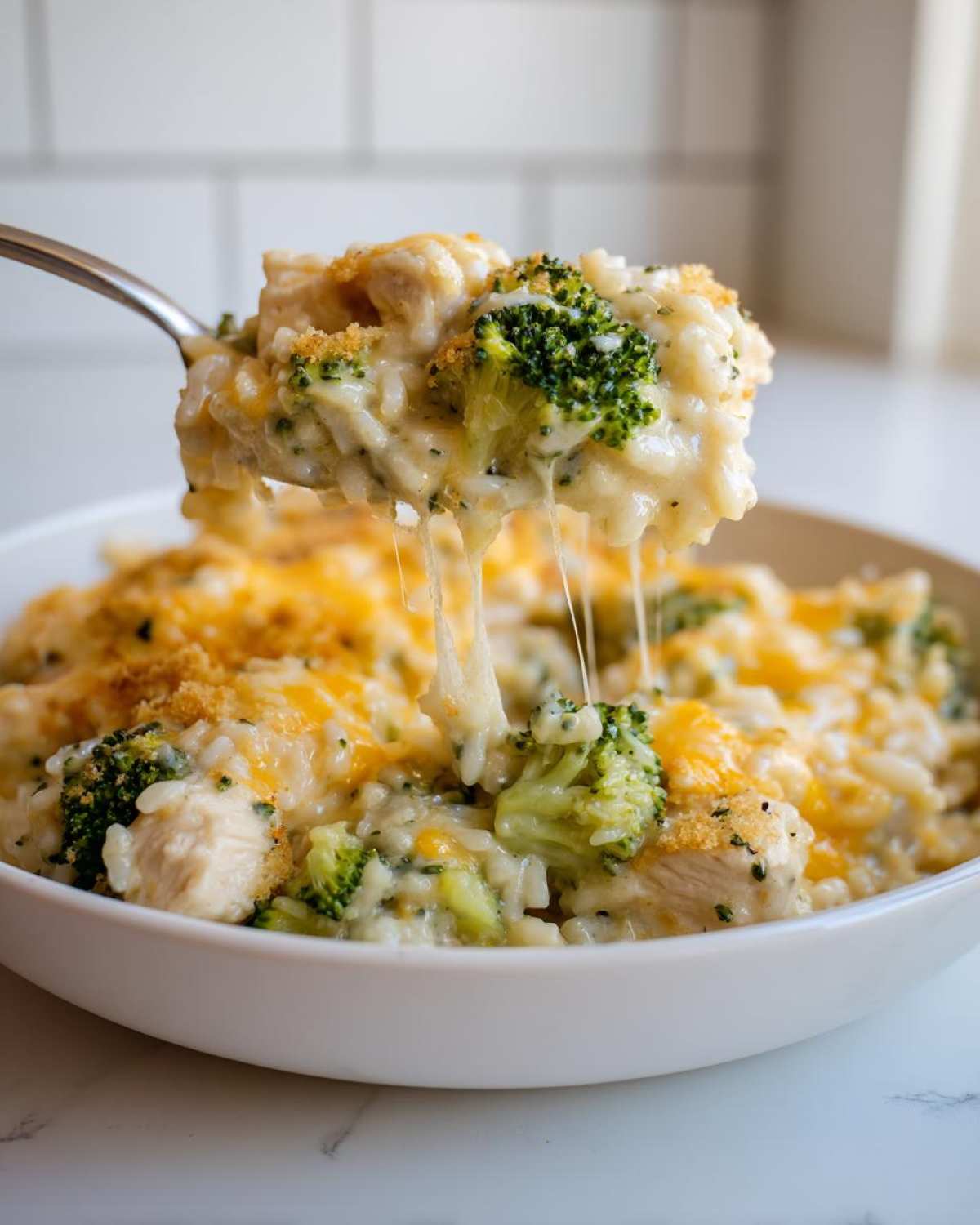 A spoonful of creamy chicken broccoli rice casserole showing melted cheese strings being pulled from the bowl.