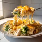 A spoonful of creamy chicken broccoli rice casserole showing long, gooey cheese pulls over the main dish.