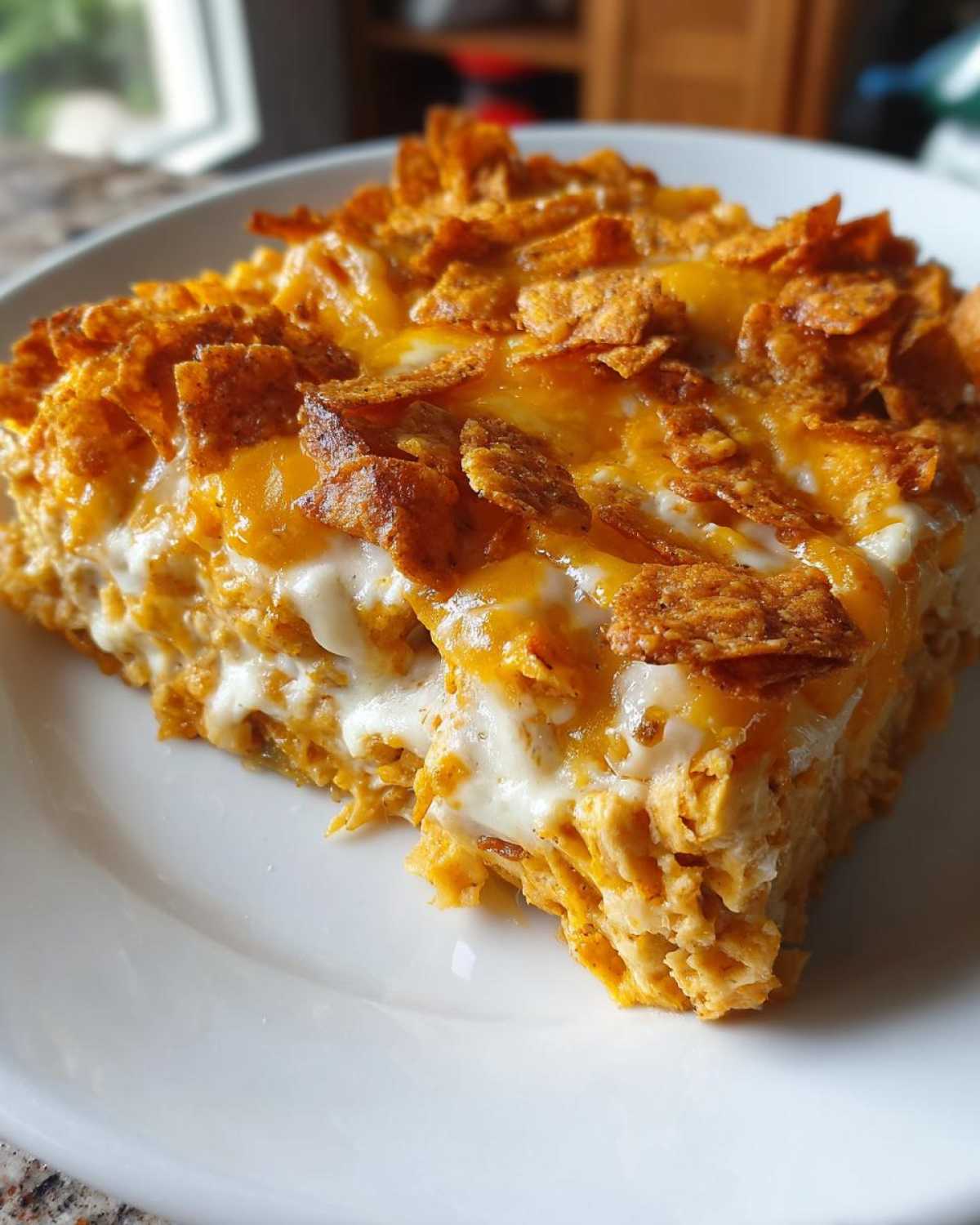 A hearty slice of Dorito Casserole topped with melted cheese and crunchy Doritos chips.