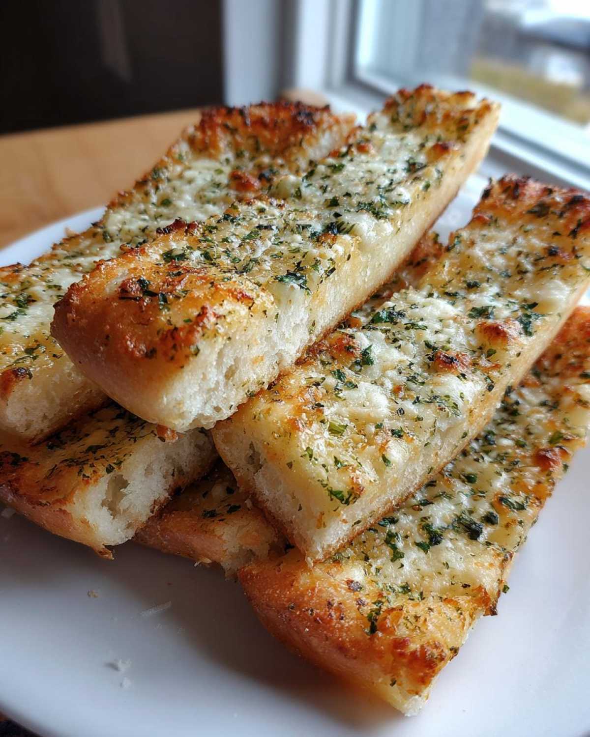 A stack of golden, cheesy, and herbed breadsticks piled on a white plate, ready to eat.