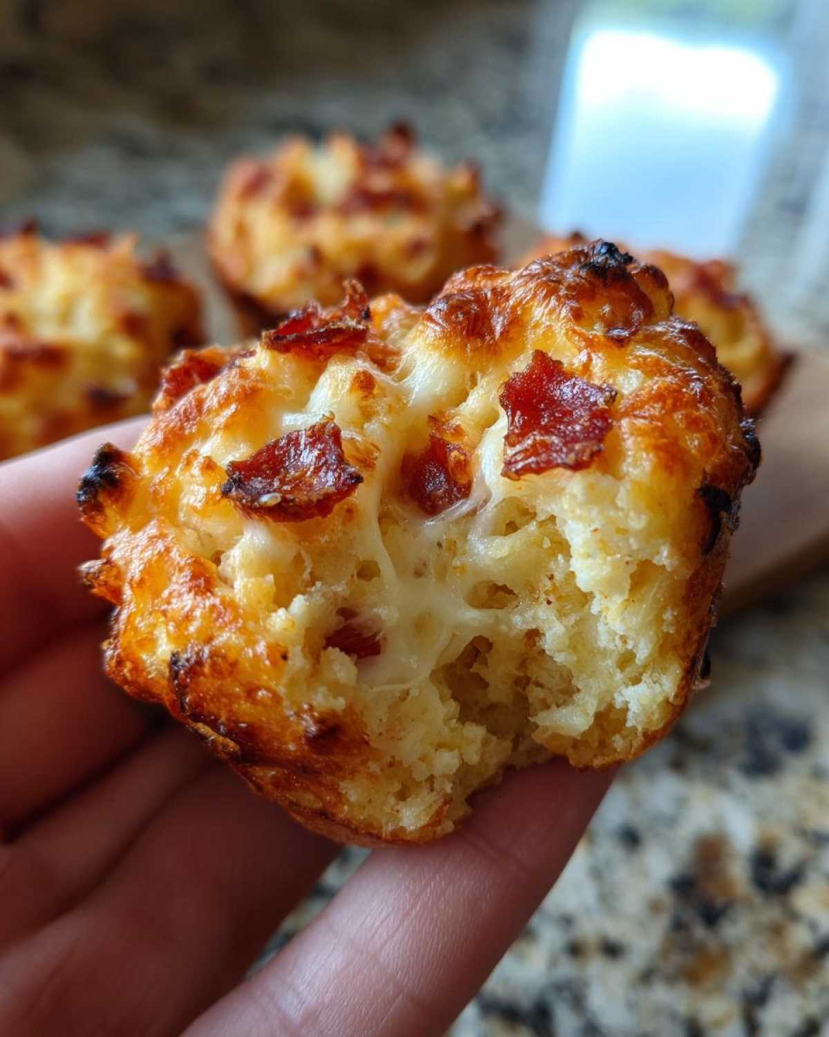 A hand holding a bitten Pizza muffin showing melted cheese and bacon crumbles on top.