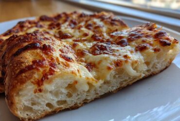 Close-up of a thick slice of cheesy pizza showing the airy crumb structure of the sourdough discard pizza dough.