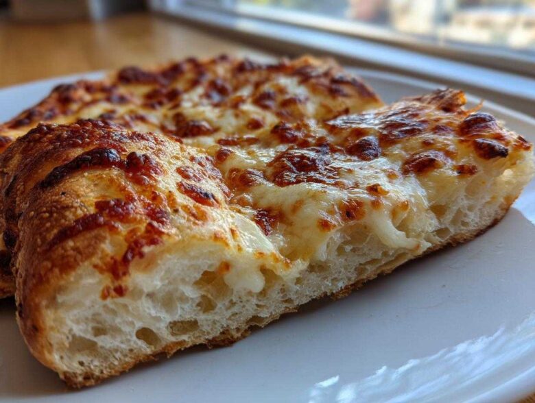 Close-up of a thick slice of cheesy pizza showing the airy crumb structure of the sourdough discard pizza dough.