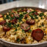 Close-up of a cheesy sausage and rice casserole topped with browned sausage slices and fresh parsley.
