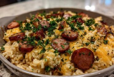 Close-up of a cheesy sausage and rice casserole topped with browned sausage slices and fresh parsley.