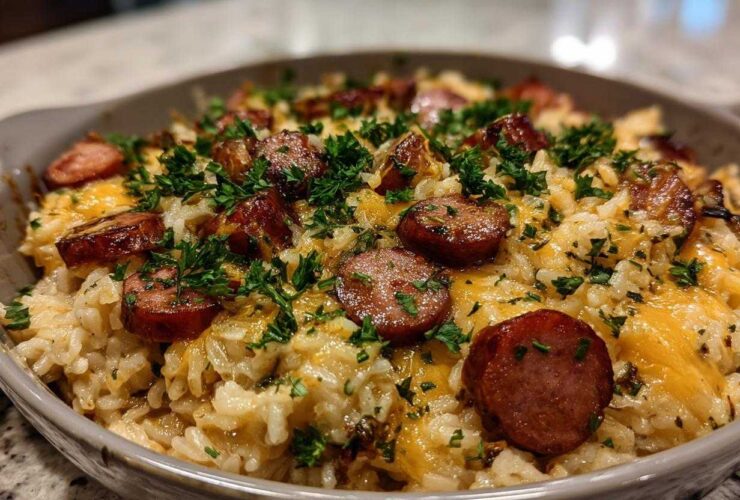 Close-up of a cheesy sausage and rice casserole topped with browned sausage slices and fresh parsley.