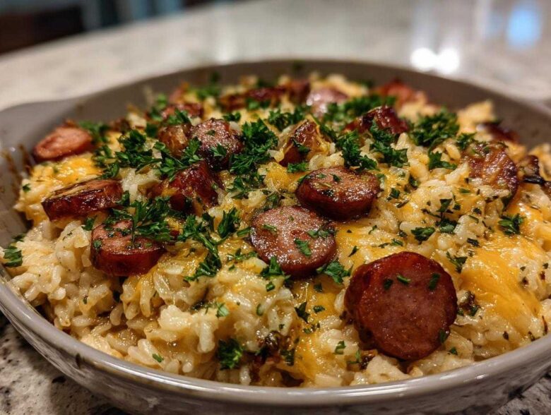 Close-up of a cheesy sausage and rice casserole topped with browned sausage slices and fresh parsley.