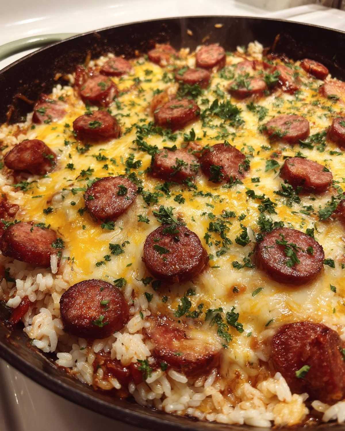 Close-up of a hot, cheesy sausage and rice dish topped with melted cheese and fresh parsley in a dark skillet.