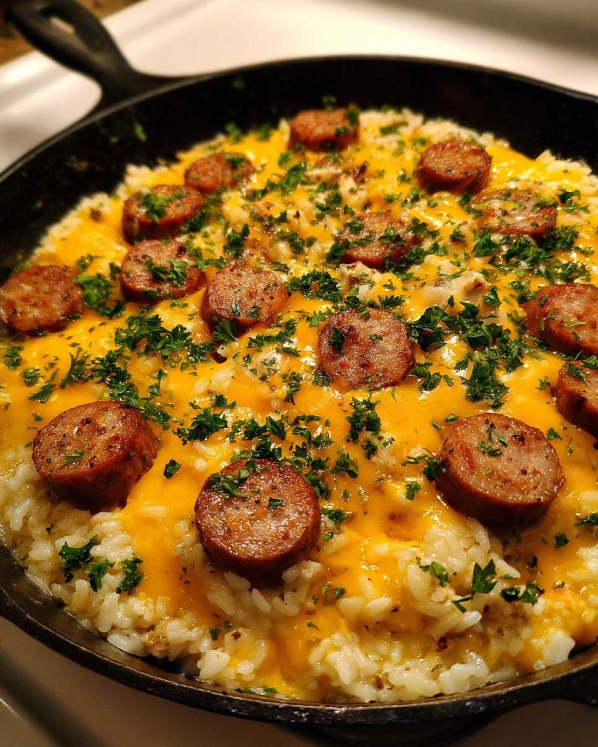 Close-up of cheesy sausage and rice topped with melted cheddar and fresh parsley in a black skillet.