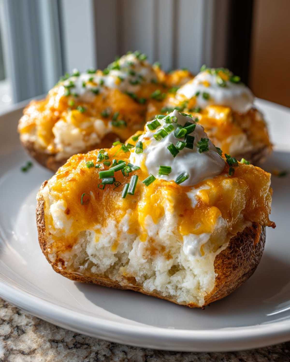A close-up view of a cheesy twice-baked potato, stuffed with mashed potato filling, melted cheddar, sour cream, and fresh chives.