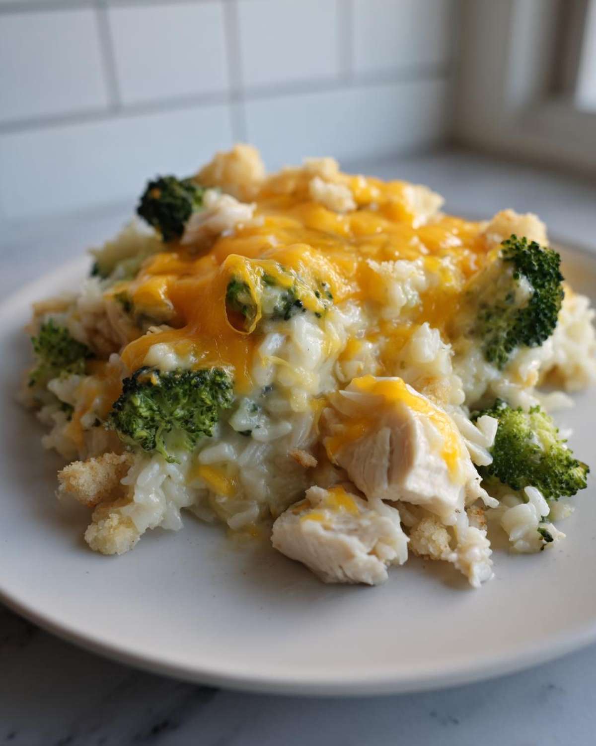 A close-up serving of creamy chicken broccoli rice casserole topped with melted cheddar cheese on a white plate.