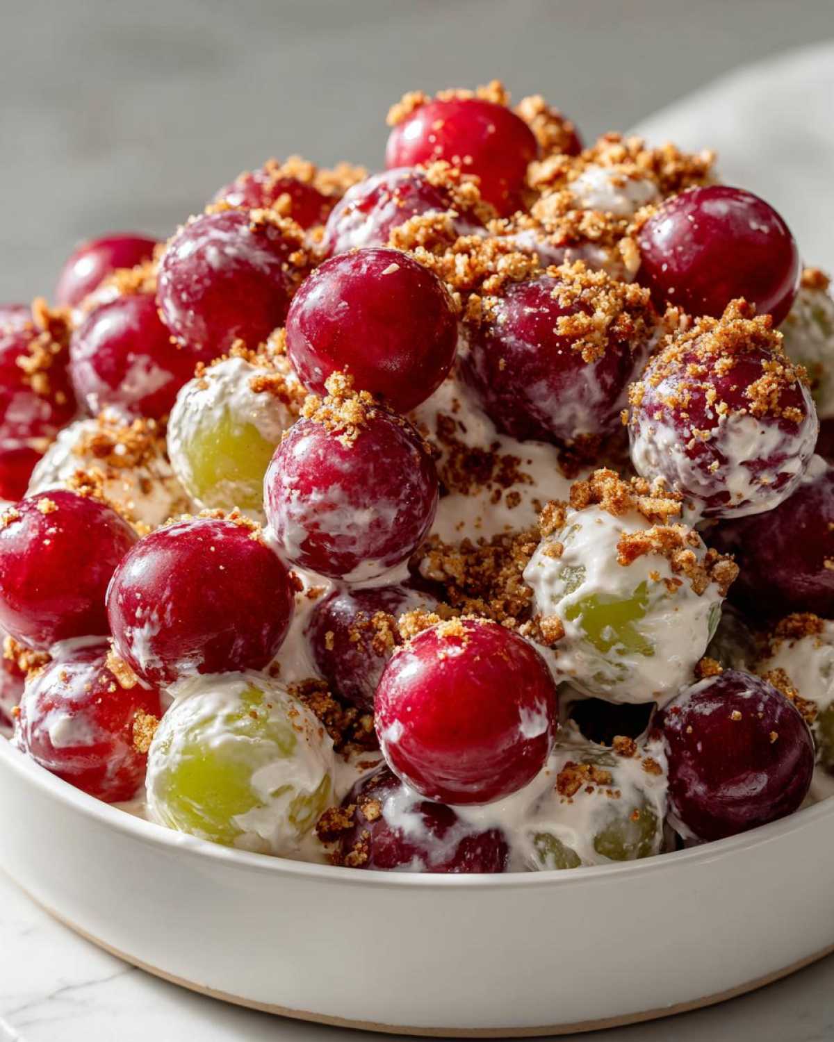 Close-up of creamy chicken salad chick grape salad with red and green grapes coated in dressing and topped with brown crumble.