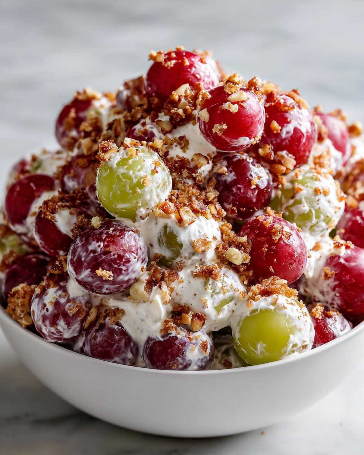 Close-up of creamy chicken salad chick grape salad topped with chopped pecans in a white bowl.