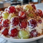 Close-up of creamy chicken salad chick grape salad topped with red and green grapes and brown sugar crumble.