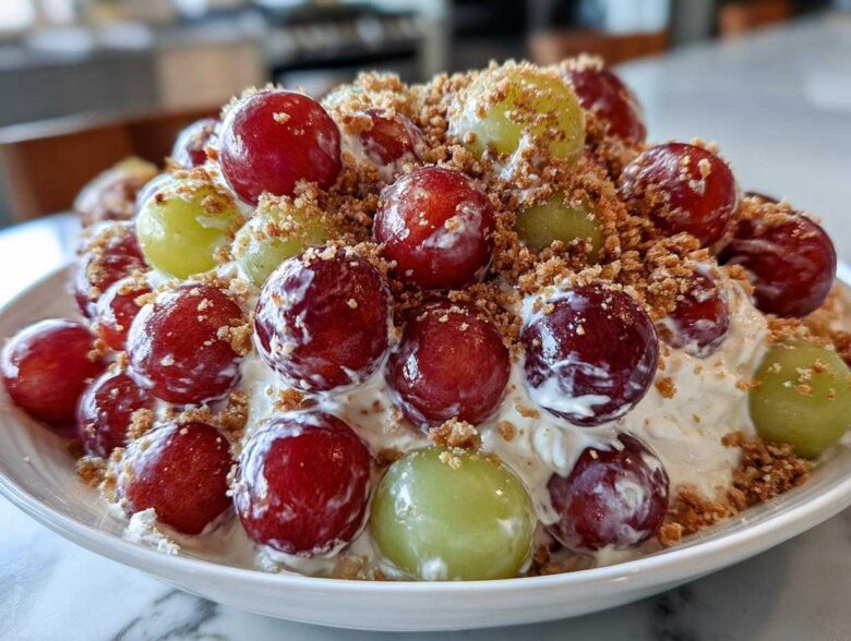 Close-up of creamy chicken salad chick grape salad topped with red and green grapes and brown sugar crumble.