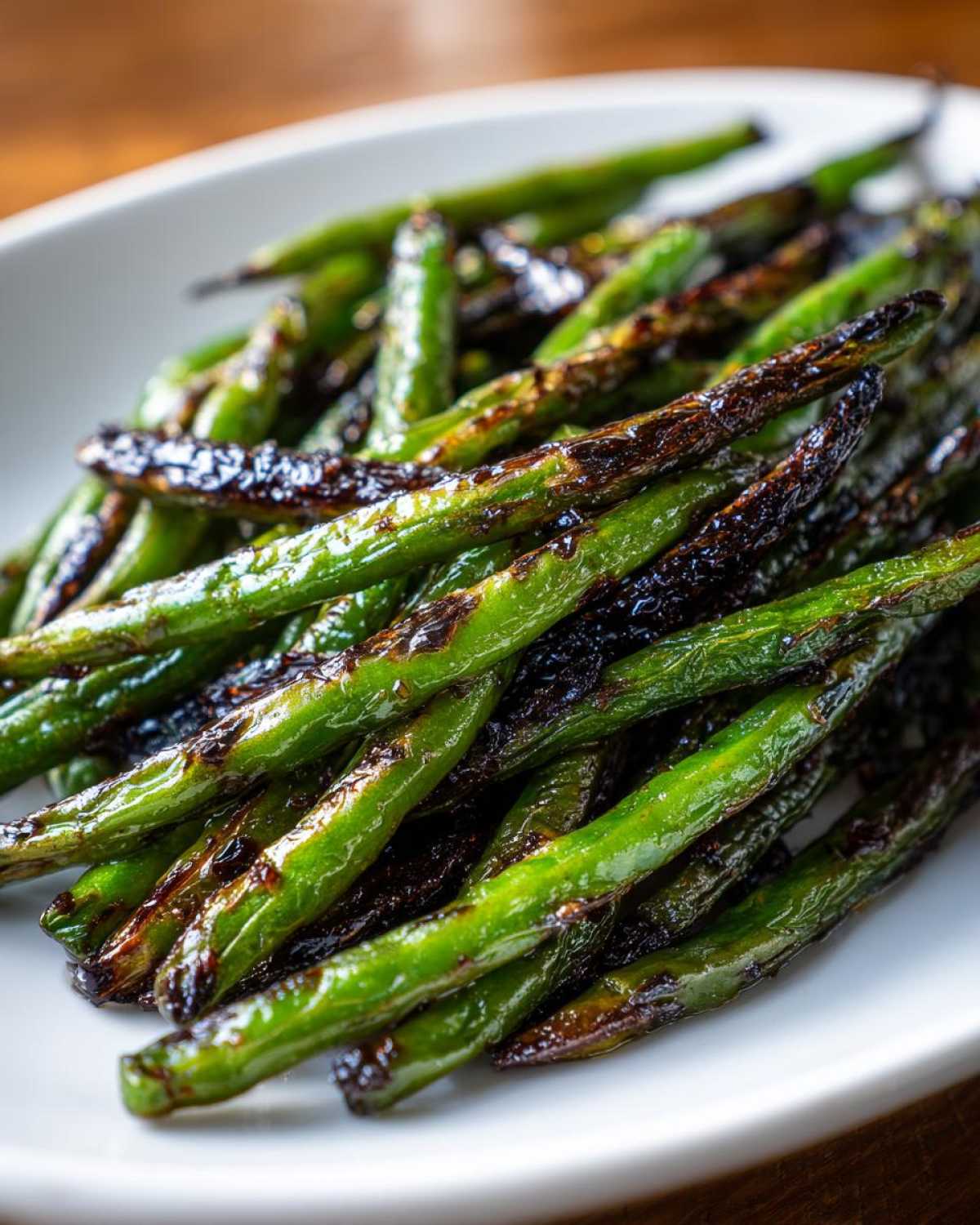 Close-up of bright green, blistered chinese green beans with garlic sauce served on a white plate.
