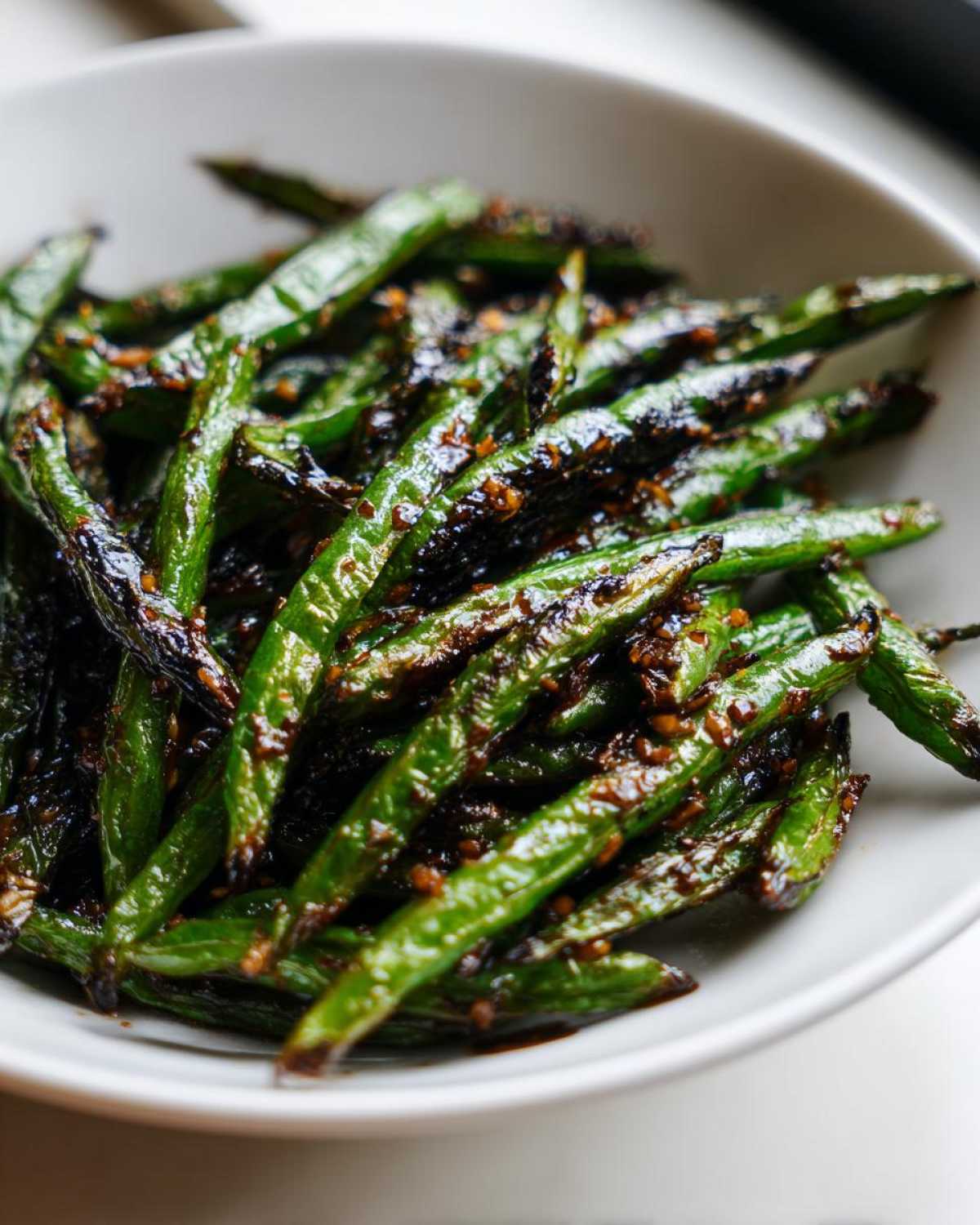 Close-up of blistered, glossy chinese green beans with garlic sauce served in a white bowl.