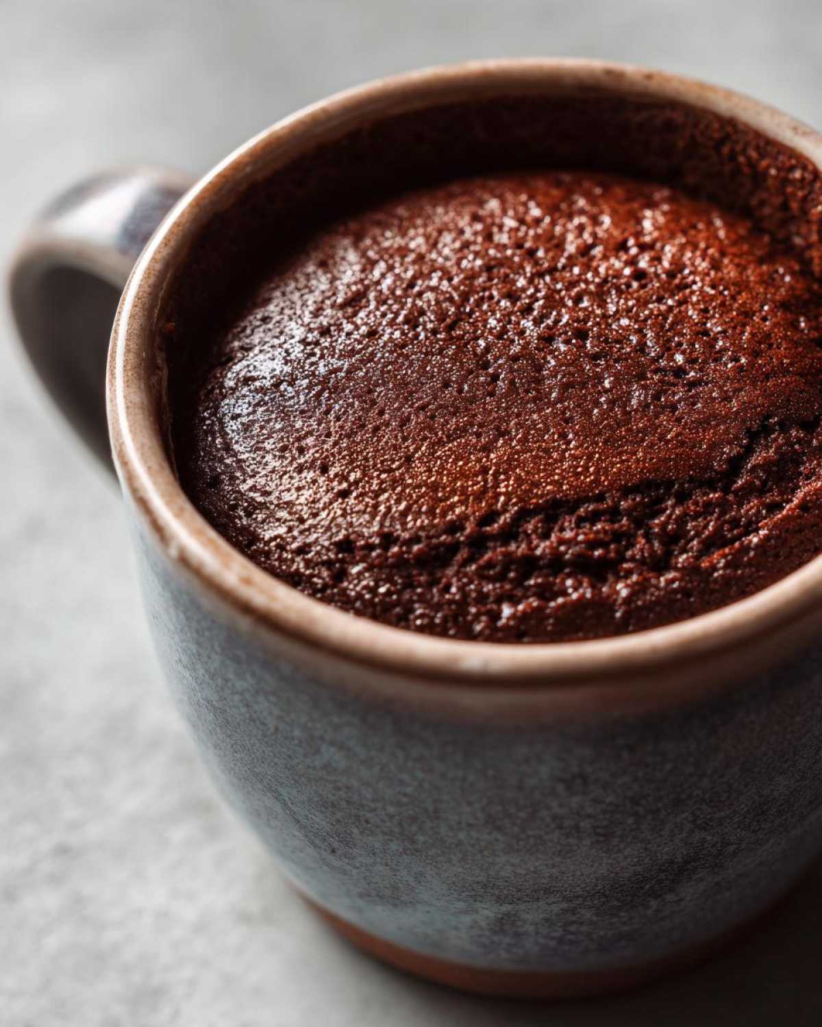 Close-up of a rich, dark chocolate mug cake risen perfectly inside a speckled blue ceramic mug.