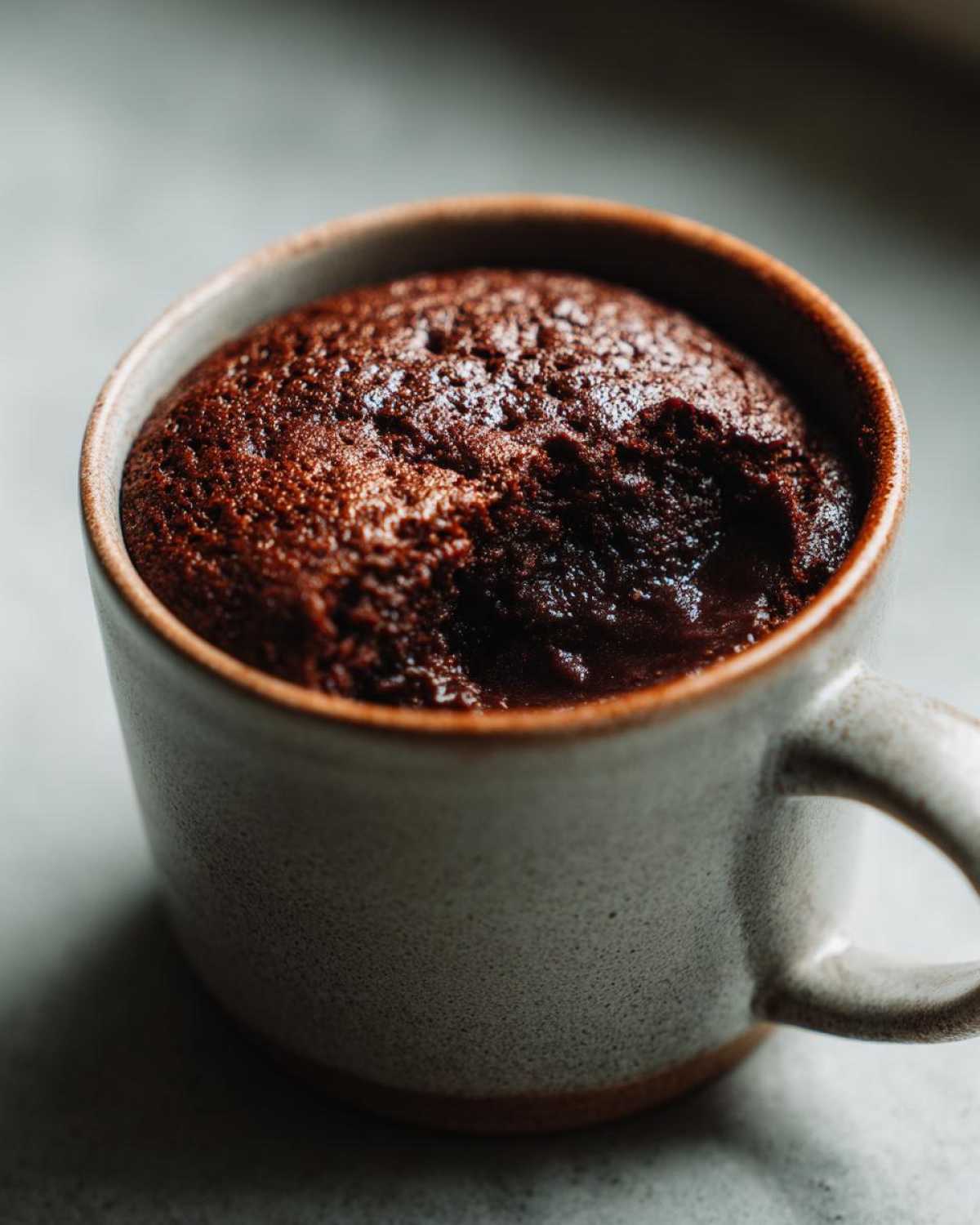 Close-up of a freshly baked chocolate mug cake with a gooey, molten center inside a speckled ceramic mug.