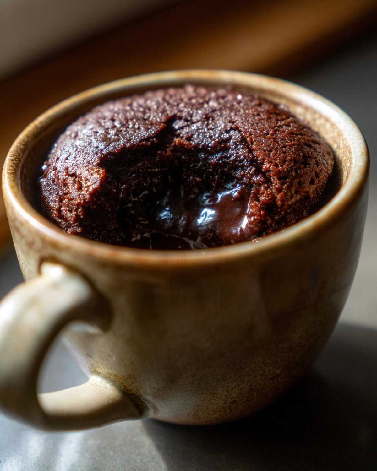 Close-up of a rich, dark chocolate mug cake with a gooey, molten center visible after taking a small bite.