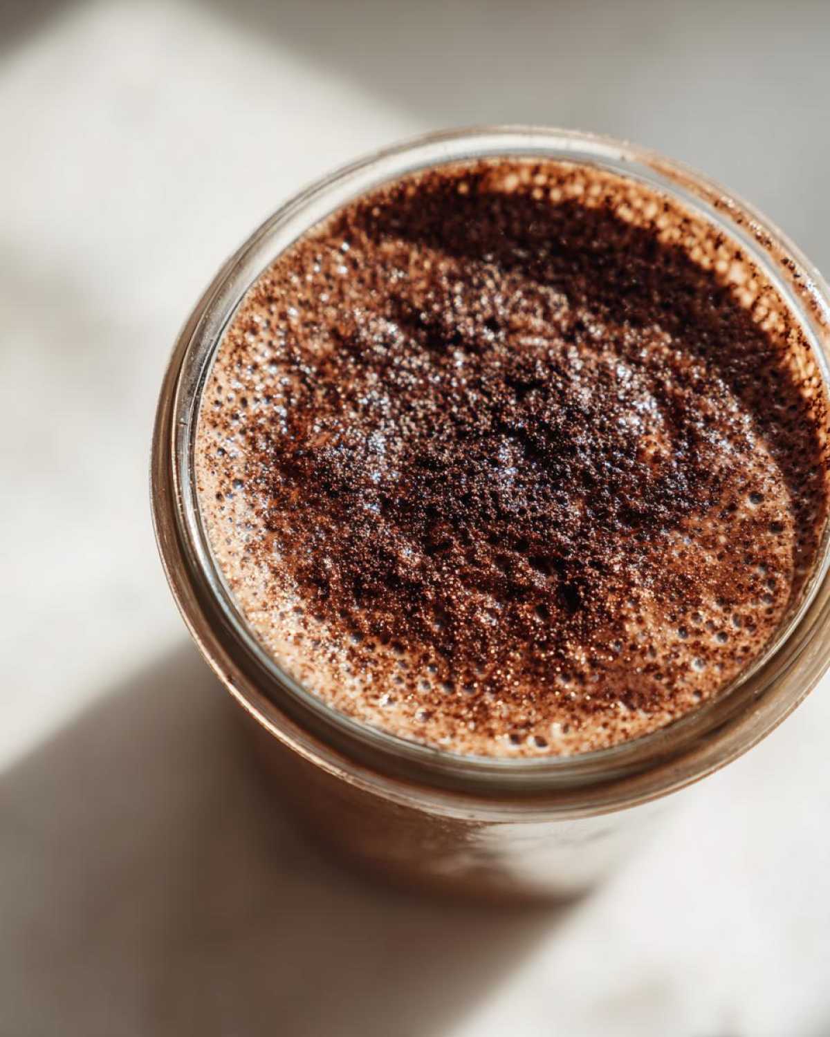 Overhead close-up of chocolate overnight oats topped with cocoa powder in a glass jar.