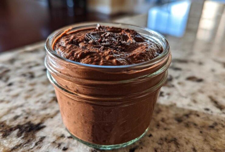 Close-up of creamy chocolate overnight oats topped with chocolate shavings in a small glass jar.