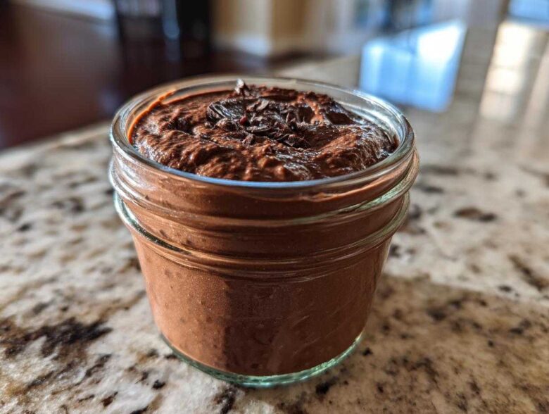Close-up of creamy chocolate overnight oats topped with chocolate shavings in a small glass jar.