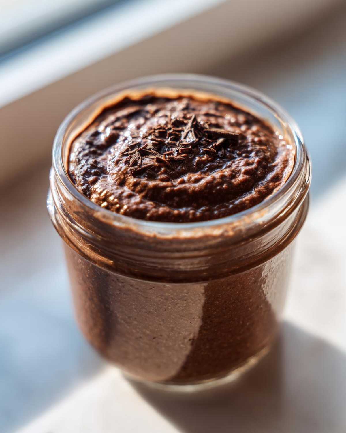 Close-up of rich chocolate overnight oats topped with chocolate shavings in a glass jar.