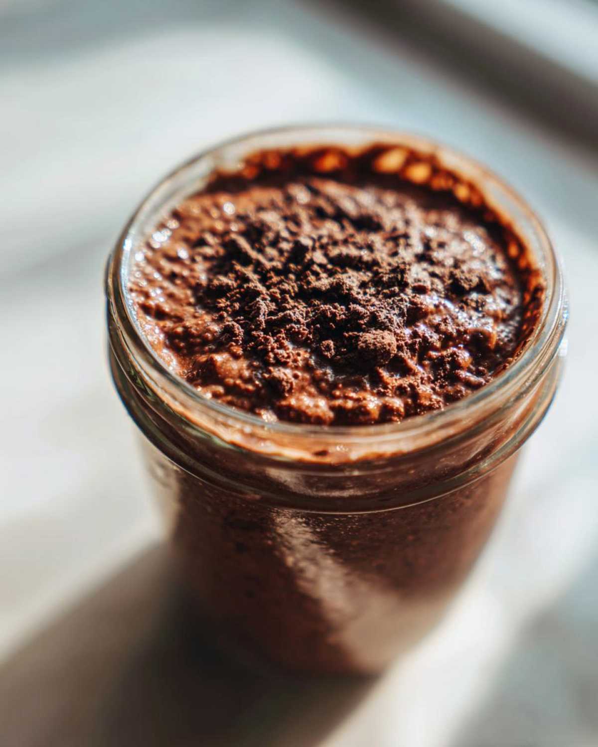 Overhead close-up of rich chocolate overnight oats topped with cocoa powder in a glass jar.