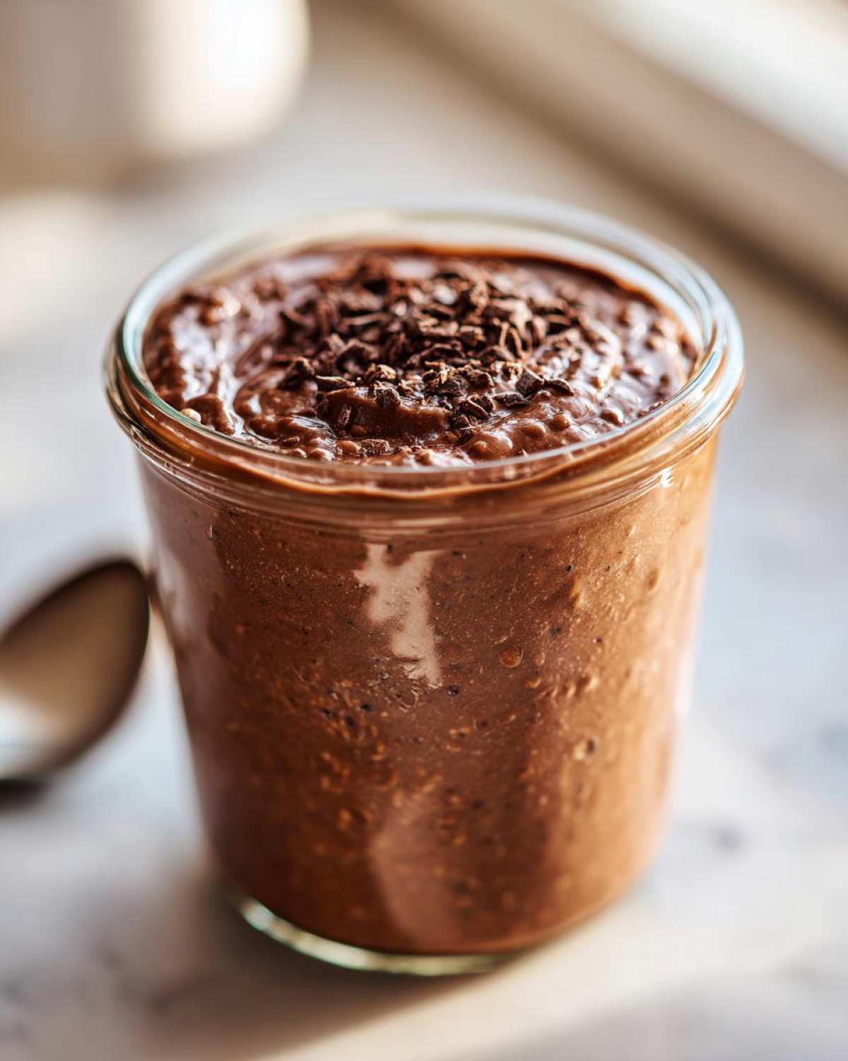 Close-up of rich chocolate overnight oats topped with shaved chocolate in a small glass jar.