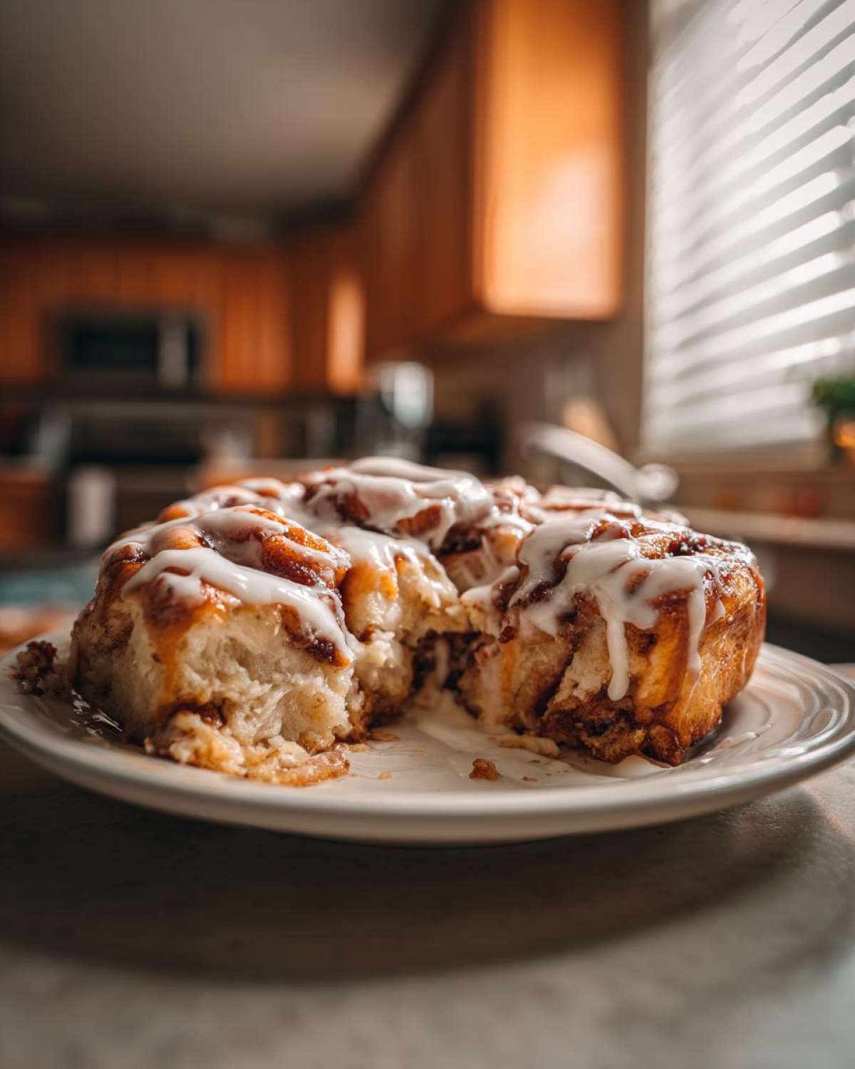 A warm, gooey portion of Cinnamon roll casserole topped with white icing, served on a white plate.