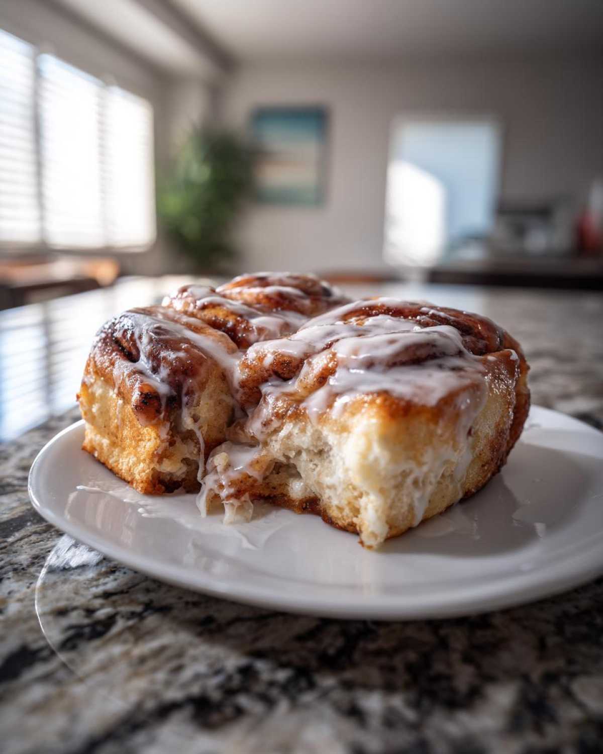 A portion of gooey, iced cinnamon roll casserole served on a white plate with a bite taken out.