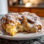 A close-up of a single serving of cinnamon roll casserole, drizzled with thick white icing, showing a bite taken out.