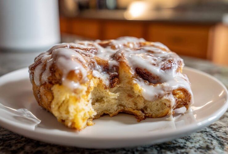 A close-up of a single serving of cinnamon roll casserole, drizzled with thick white icing, showing a bite taken out.