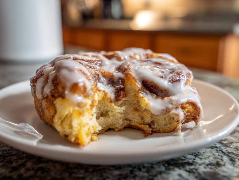 A close-up of a single serving of cinnamon roll casserole, drizzled with thick white icing, showing a bite taken out.