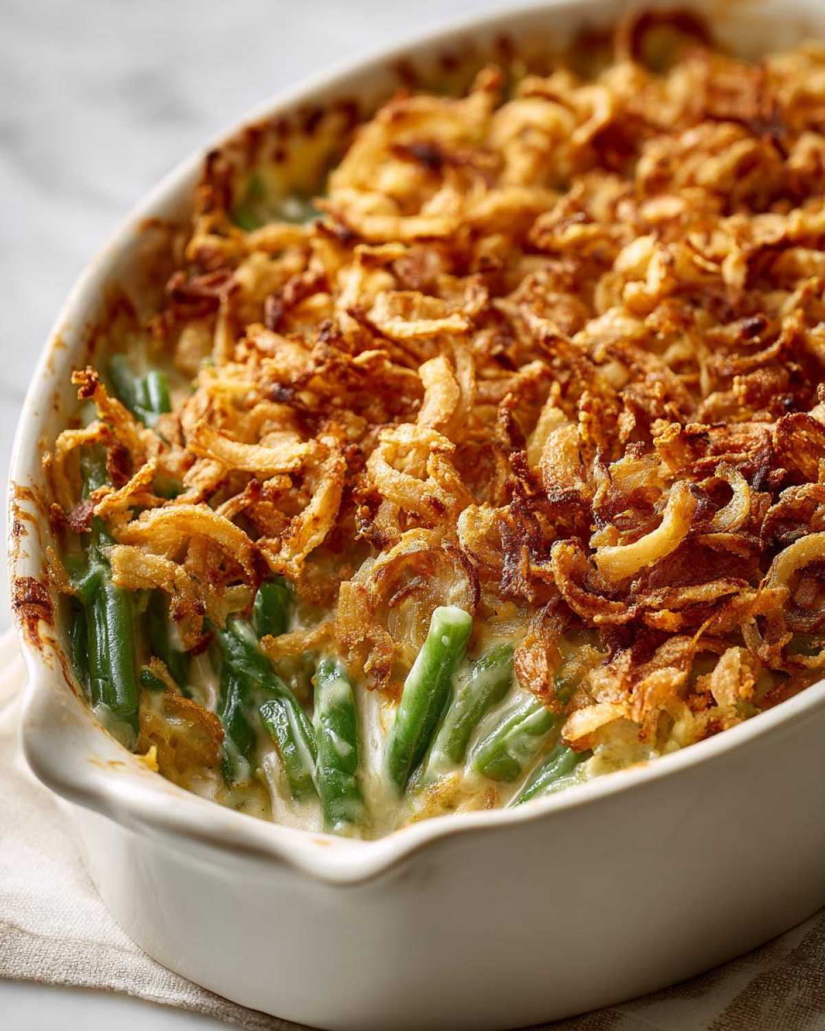Close-up of a baked green bean casserole topped generously with crispy fried onions.