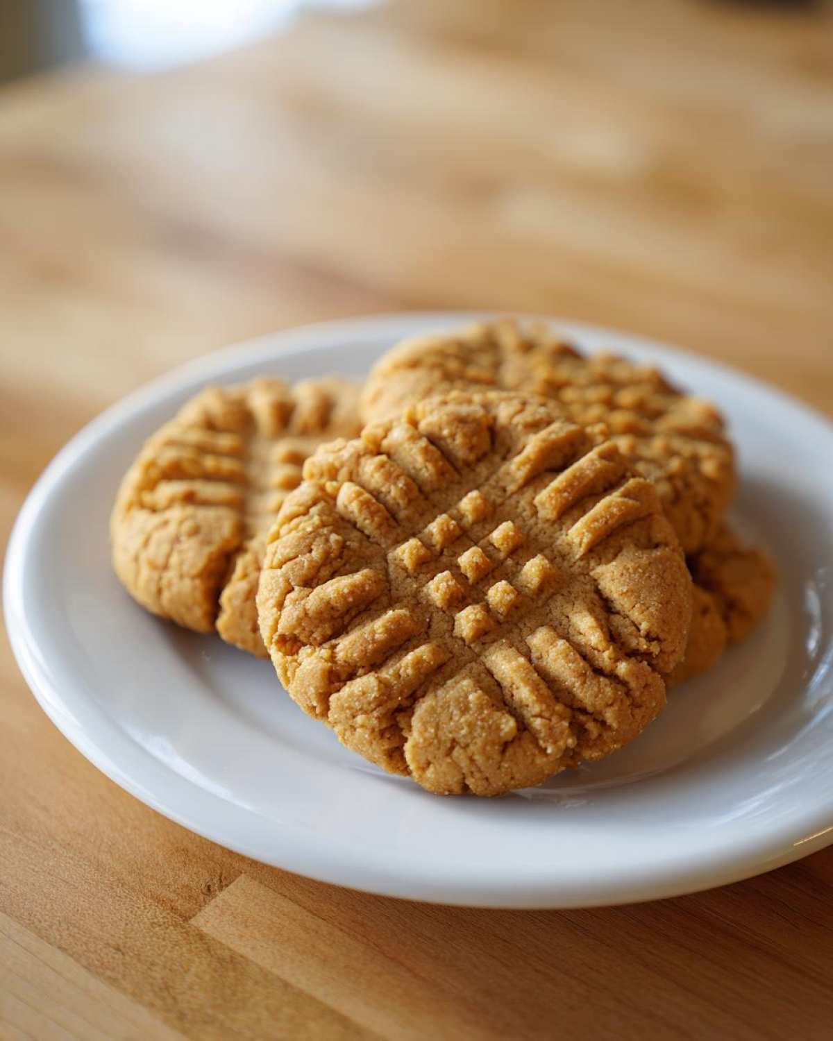 Close-up of classic peanut butter cookies with a criss-cross fork mark texture served on a white plate.