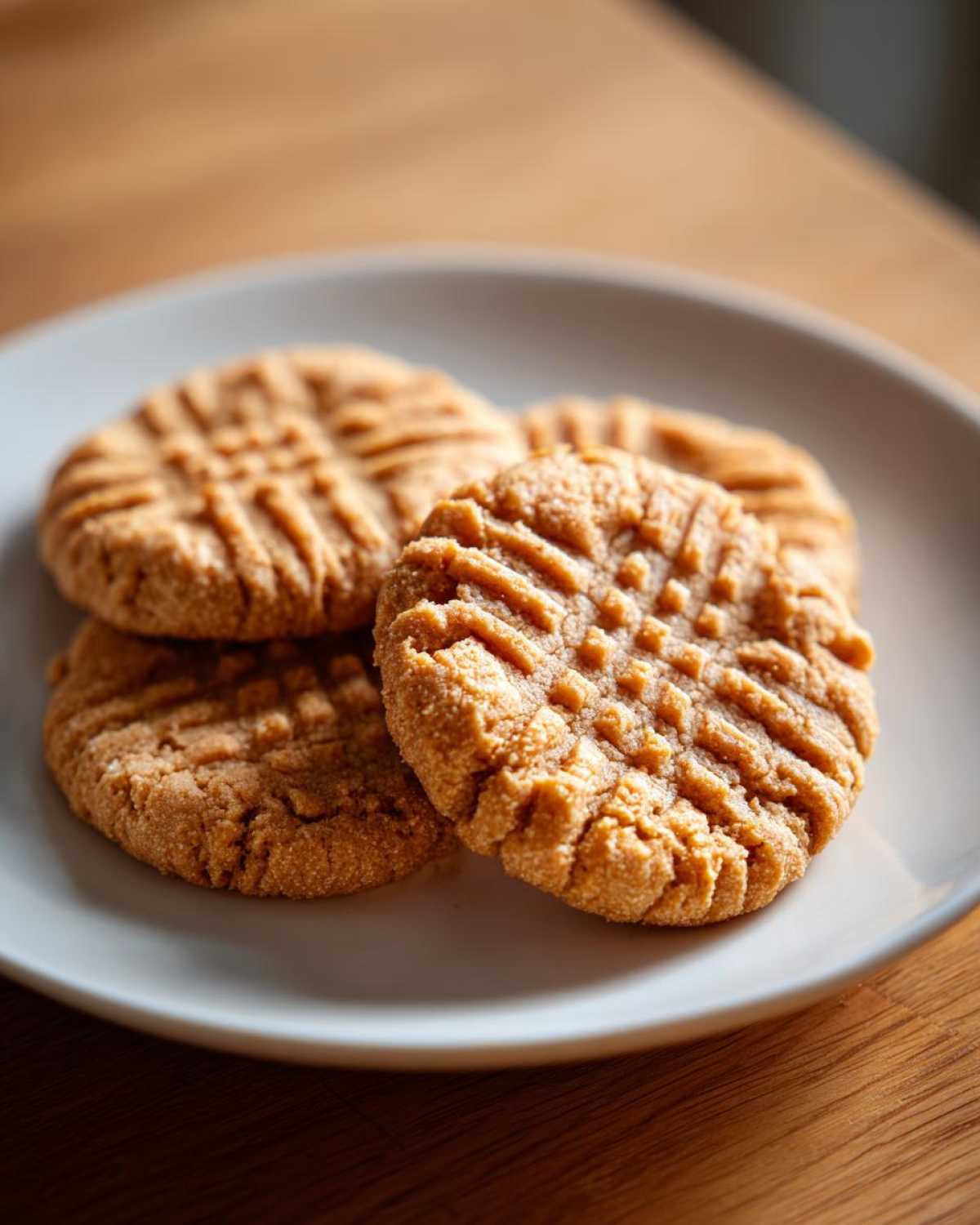 Close-up of four classic peanut butter cookies featuring the traditional crosshatch fork marks, served on a white plate.