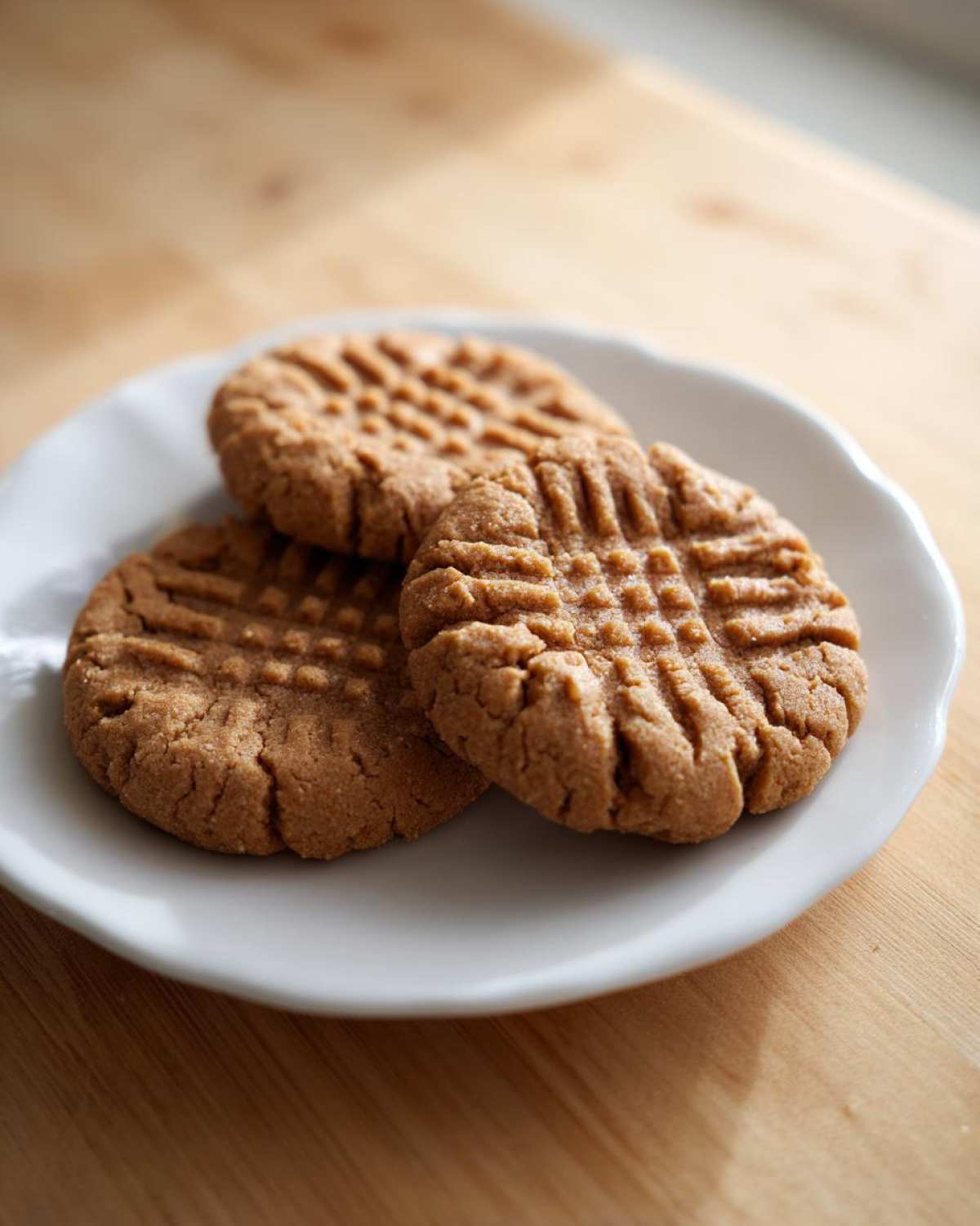 Three classic peanut butter cookies with fork marks stacked on a small white plate.