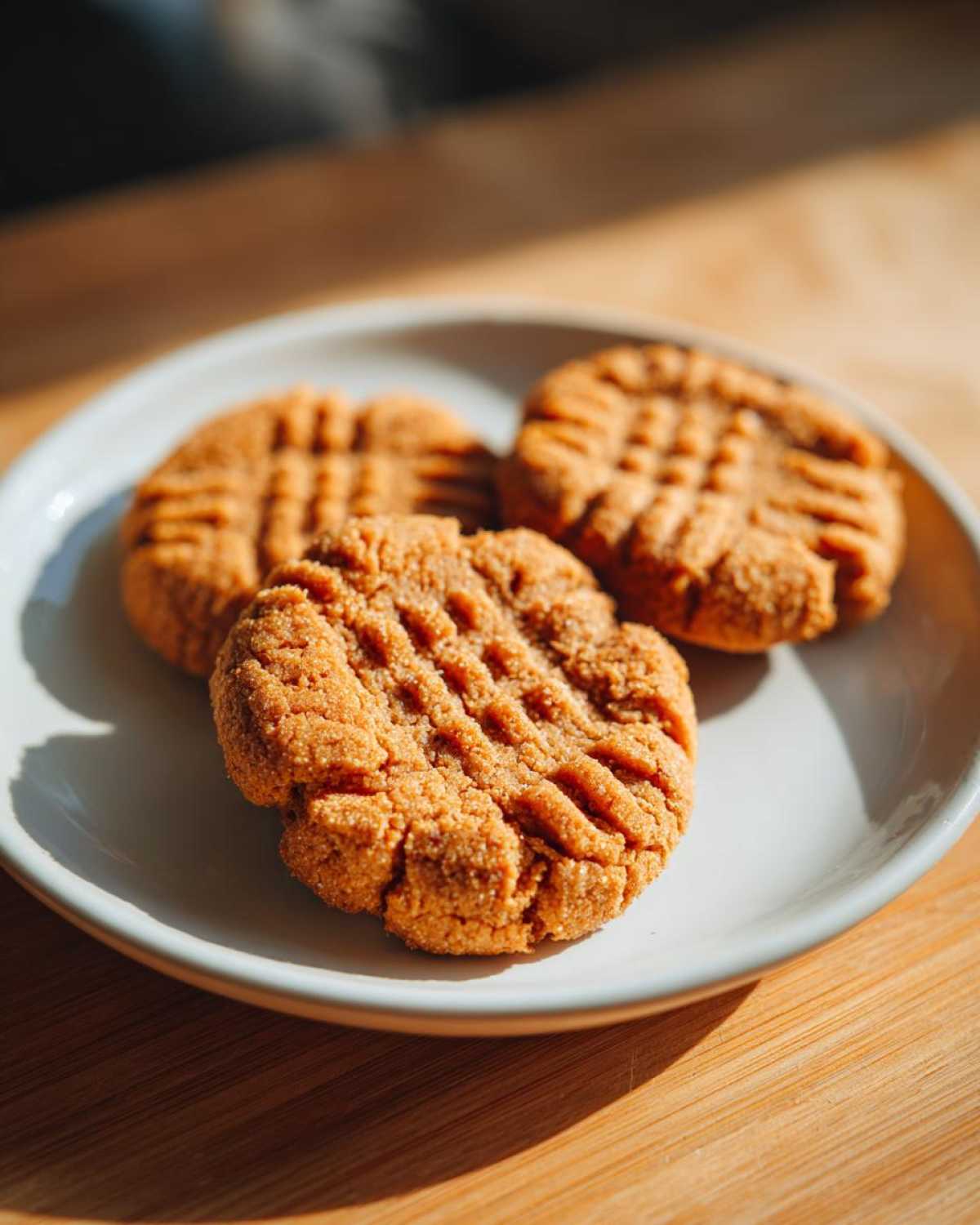 Three golden brown peanut butter cookies with classic crisscross fork marks resting on a light gray plate.