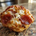 Close-up macro shot of a single, freshly baked pizza muffin topped with melted cheese and pepperoni slices.