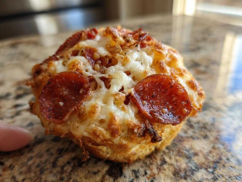 Close-up macro shot of a single, freshly baked pizza muffin topped with melted cheese and pepperoni slices.