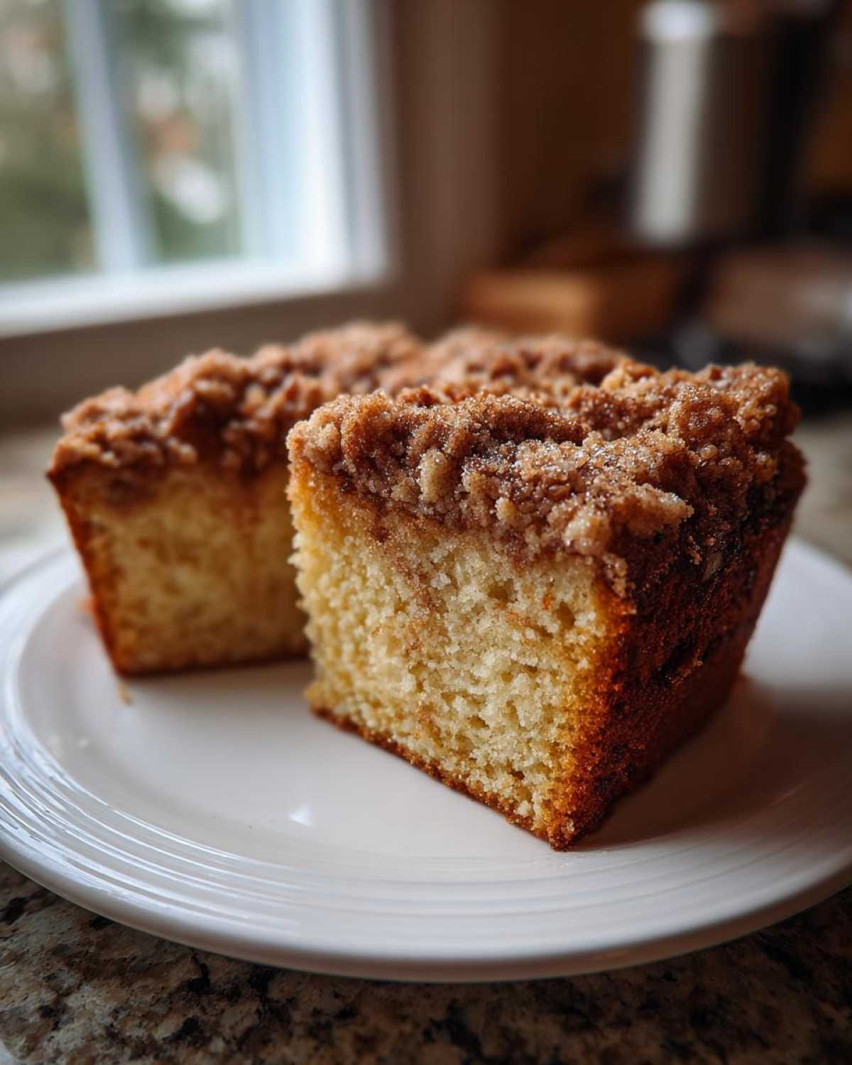 Two thick slices of moist coffee cake featuring a generous, crumbly streusel topping, served on a white plate.