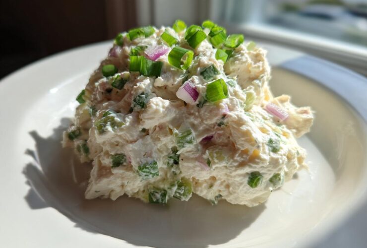 A scoop of creamy cottage cheese chicken salad topped with fresh green onions and red onion pieces.